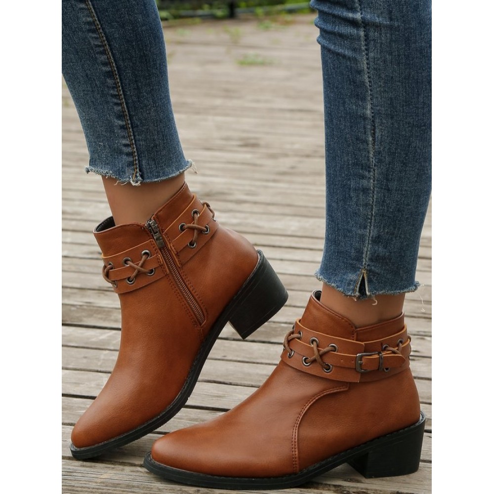 Vintage Plain Wearable Zipper Block Heel Classic Boots Buckle Vintage Plain Wearable Zipper Block Heel Classic Boots Buckle