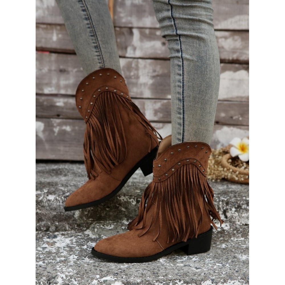 West Style Plain Non-Slip Slip On Block Heel Cowboy Boots Rivet West Style Plain Non-Slip Slip On Block Heel Cowboy Boots Rivet