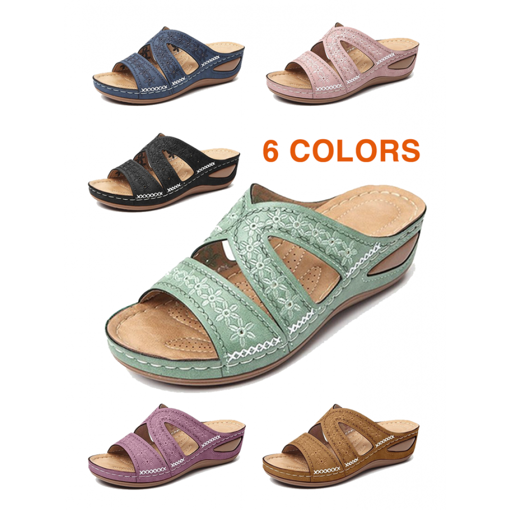Floral Embroidered Cutout Boho Casual Wedge Slides Floral Embroidered Cutout Boho Casual Wedge Slides