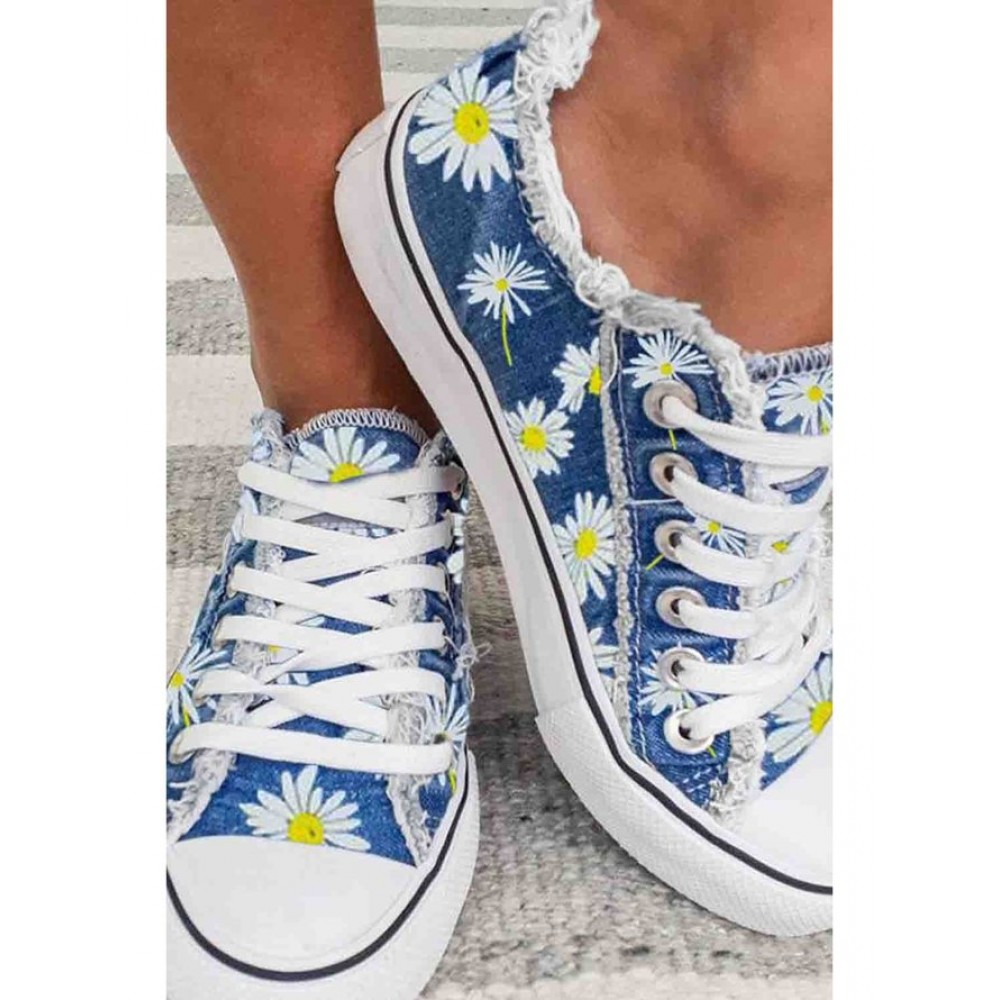 Daisy Graphic-Print Denim Lace-Up Canvas Flats Daisy Graphic-Print Denim Lace-Up Canvas Flats