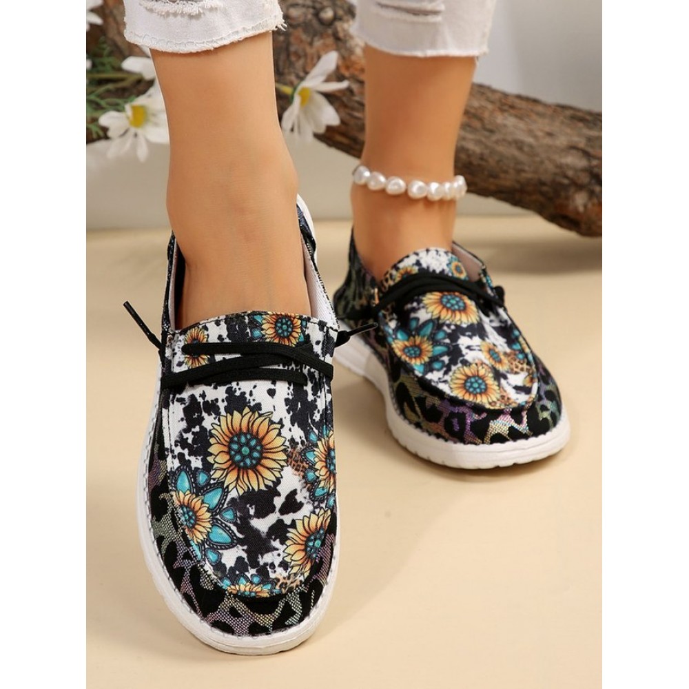 Western Cow Sunflower Canvas Boat Flats Western Cow Sunflower Canvas Boat Flats